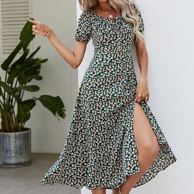 Casual Zomer Vierkante Hals A-lijn Jurk Dames Pofmouw Groene Print Jurk Vrouw Elegante Hoge Taille Bloemenjurken Dameskleding 25278
