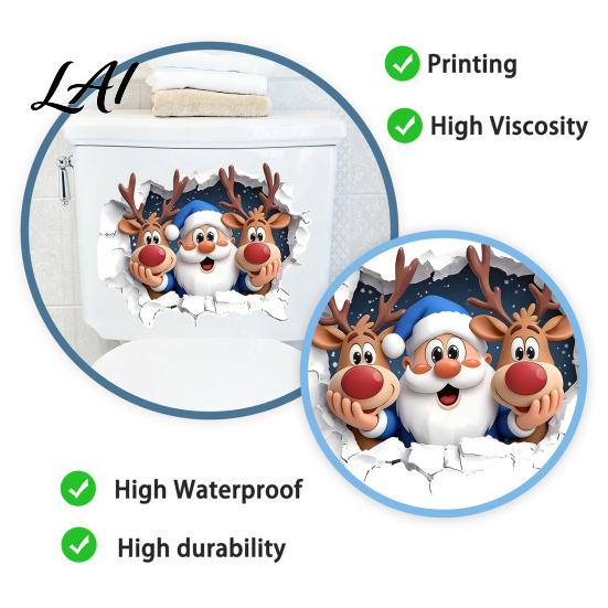 Easy Peel And Stick Decals Christmas Santa Claus Elk Toilet Stickers 3D Wall Breaking Decals DIY Room Beautification Stickers Waterproof PVC