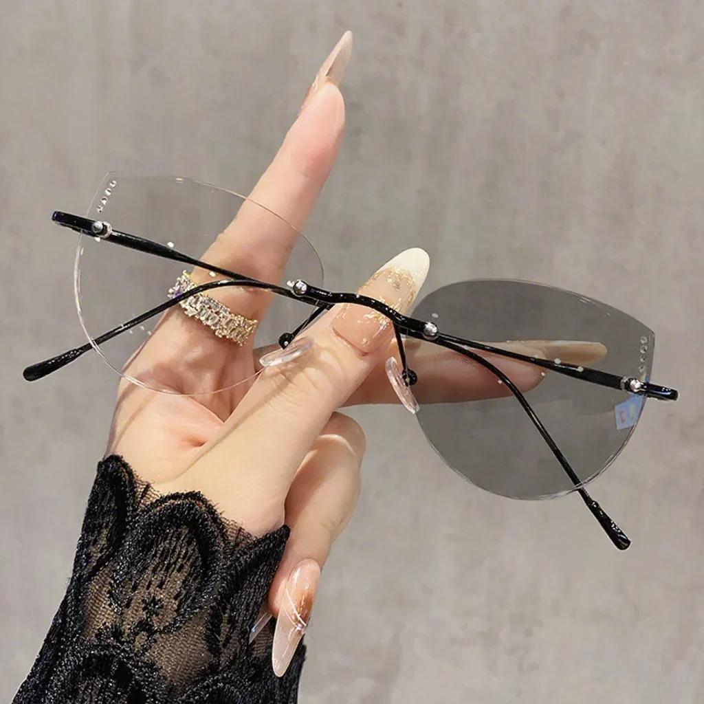 Rimless Cat Eye Photochromic Glasses for Myopia Correction with Diamond Decor and Anti Blue Light Features