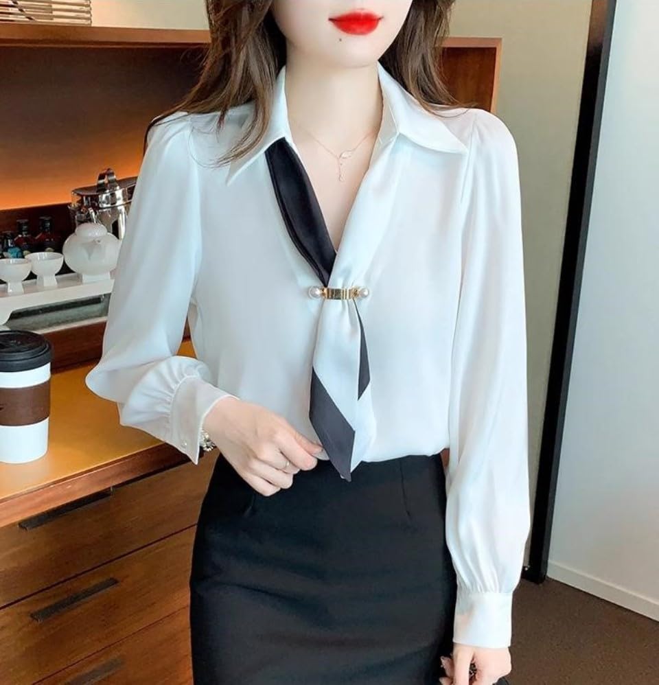 Fairy Stone Long Sleeve Chiffon Blouse with Ribbon and Solid Casual and Size Women's V-Neck, Color, Formal, B-53 (L, White)