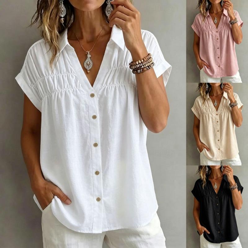 V Neck Loose Solid Button Pleated Short Sleeve Women Casual Blouse