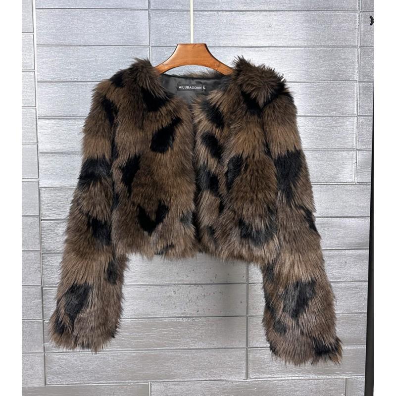 Faux Fur Cropped Coat Womens Dye Tip Jacquard Streetwear Short Jacket