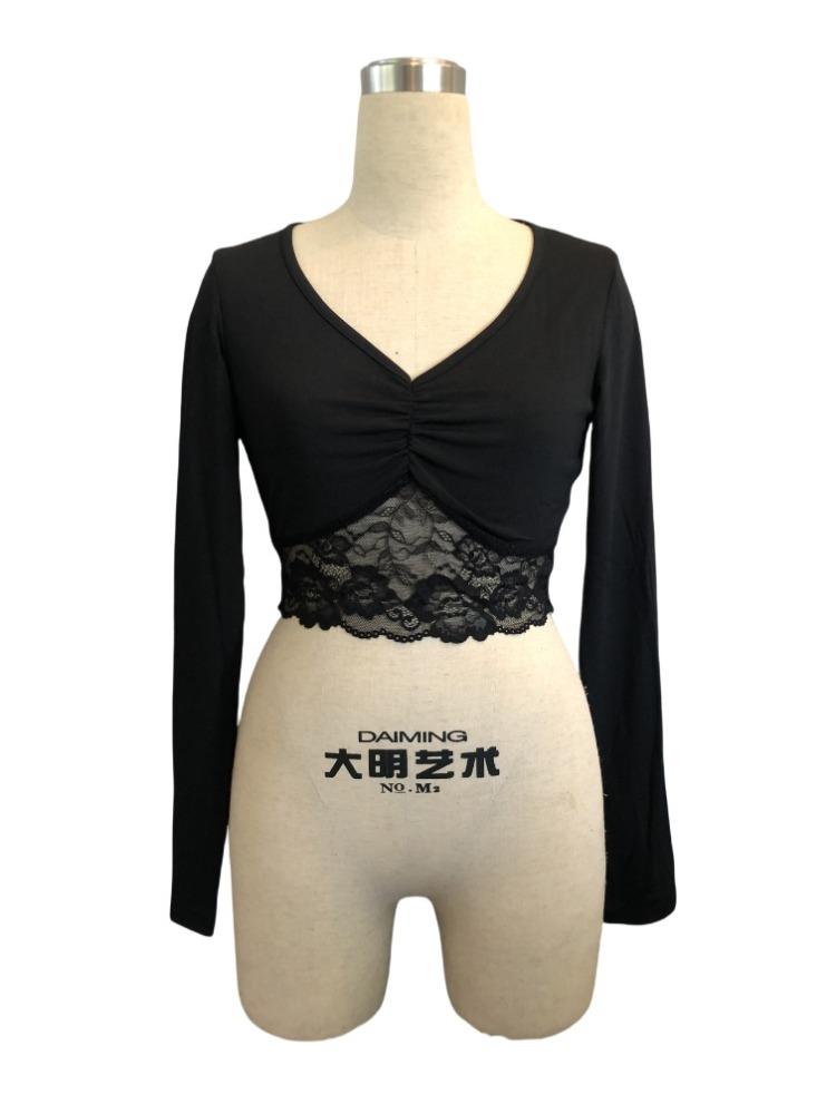 Women's Deep V-neck Long-sleeved Lace Patchwork Ruffled Short Section T-shirt Tops for Women Versatile Closet Essential Fashion Items Shirt