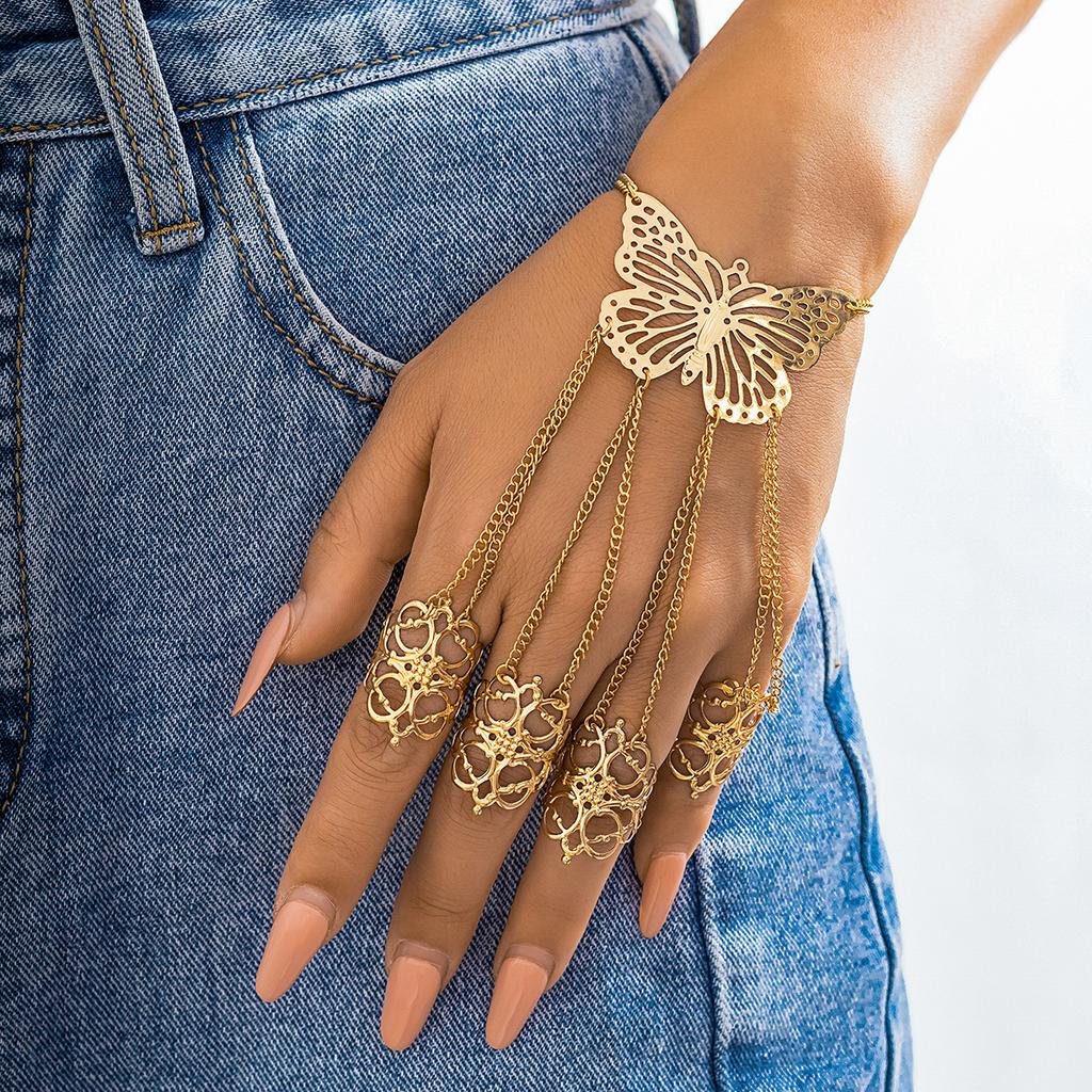 Vintage Offener Hohlfingerring Gliederkette Schmetterlingsarmband für Damen Punk Goldfarbe Kubanische Kette Hand Schmuck Party