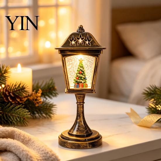 Battery Operated Lamp Christmas Snow Sphere Lamp, Retro Street Design, Santa Decorative Snowman Tree Night Light for Bedroom, Tabletop Decor