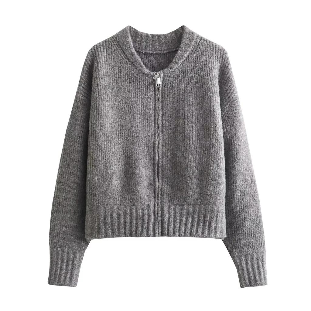 In-stock Gray Zip-up Sweater for Women, 2024 Autumn/winter Casual Elegant Commuter Long-sleeve Knit Cardigan