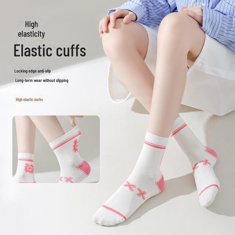 Women's Mid-Tube Lace Socks, Summer/Autumn Style, Owl Cartoon Design, Breathable and Trendy.