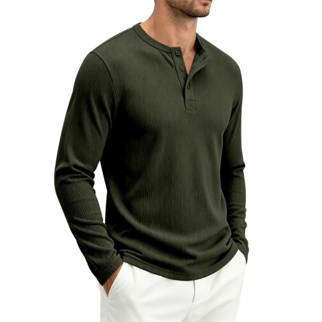 Men's Long Sleeve Loose Fit Ribbed Breathable Henley Shirt Button Placket Casual Pullover Top