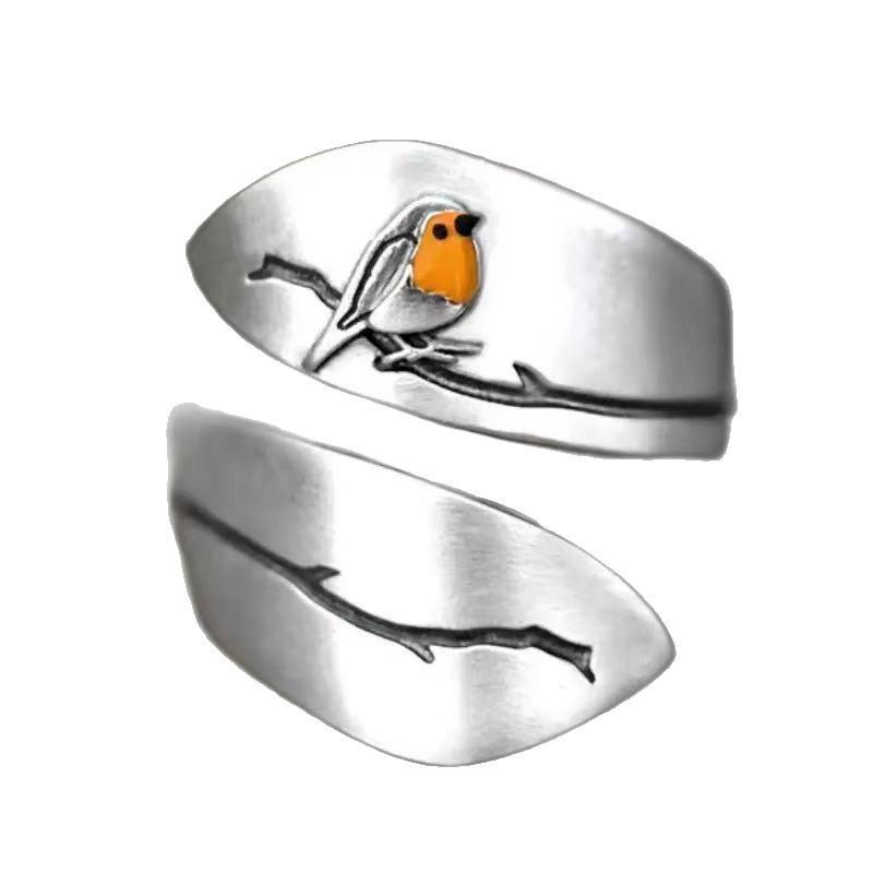 Bague Ouverte Réglable avec Motif Oiseau et Branche Finition Argent Sterling Accessoire Bijou Inspiré par la Nature pour un Usage Quotidien