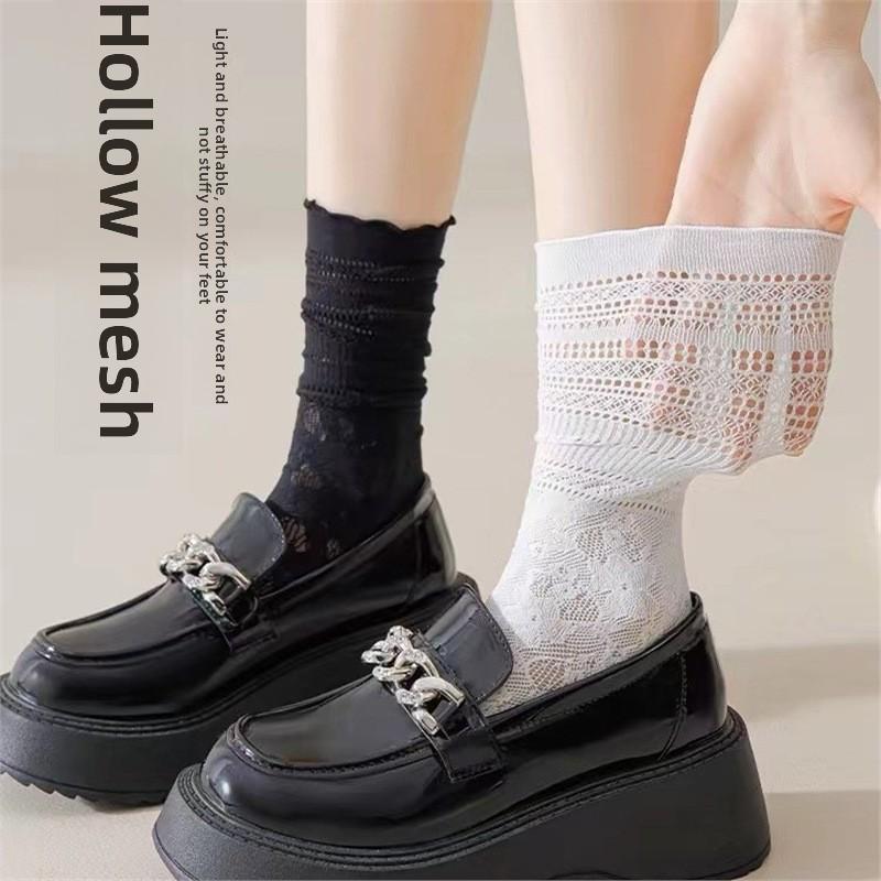 5 Pairs Pairs Women's Mid-tube Socks Summer Thin Breathable Hollow Retro Long Women's Socks Lace Pile Socks