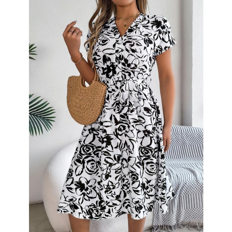 Summer V-neck Short Sleeve Floral Printed Women Dress Casual Fashion Elegant Simple A-line Party Dresses Lace-up Female Women's Clothing