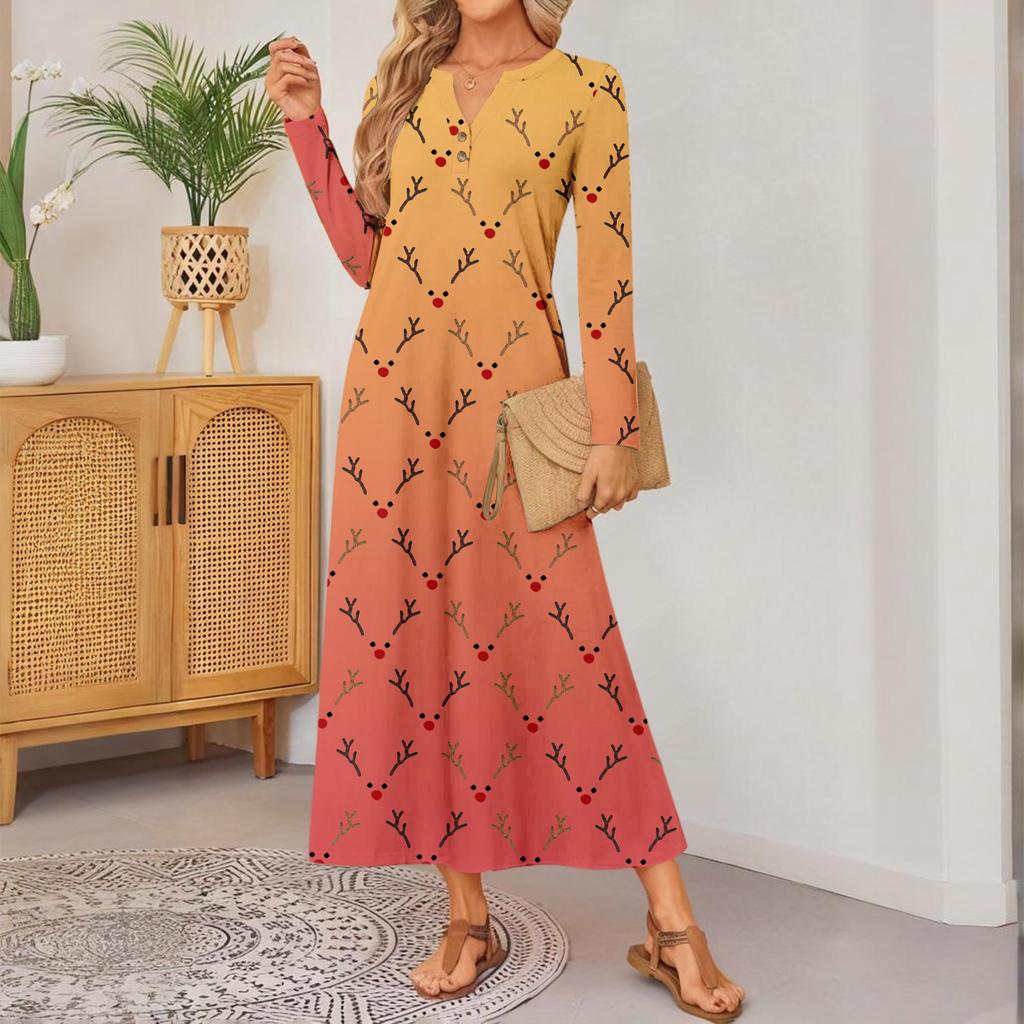 women's cute printed long-sleeved comfortable loose dress, elegant dress