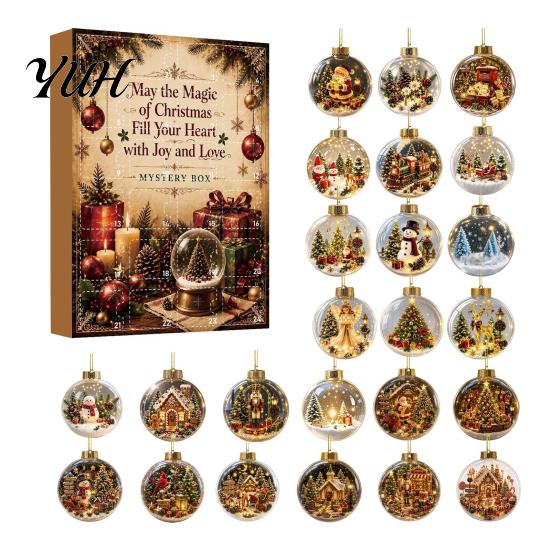 24 Day Advent Gift Christmas Calendar, Acrylic 2D Flat Crystal Ball Pendants with Lanyard, Xmas Tree Hanging Ornaments Ornament for Home Office Party