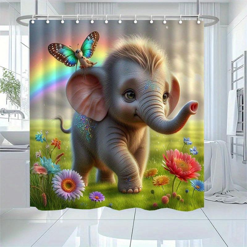 Cute Elephant Shower Curtain Baby Elephant With Butterfly Rainbow Flowers Art Kids Decor Waterproof Fabric Bath Curtain Set Home