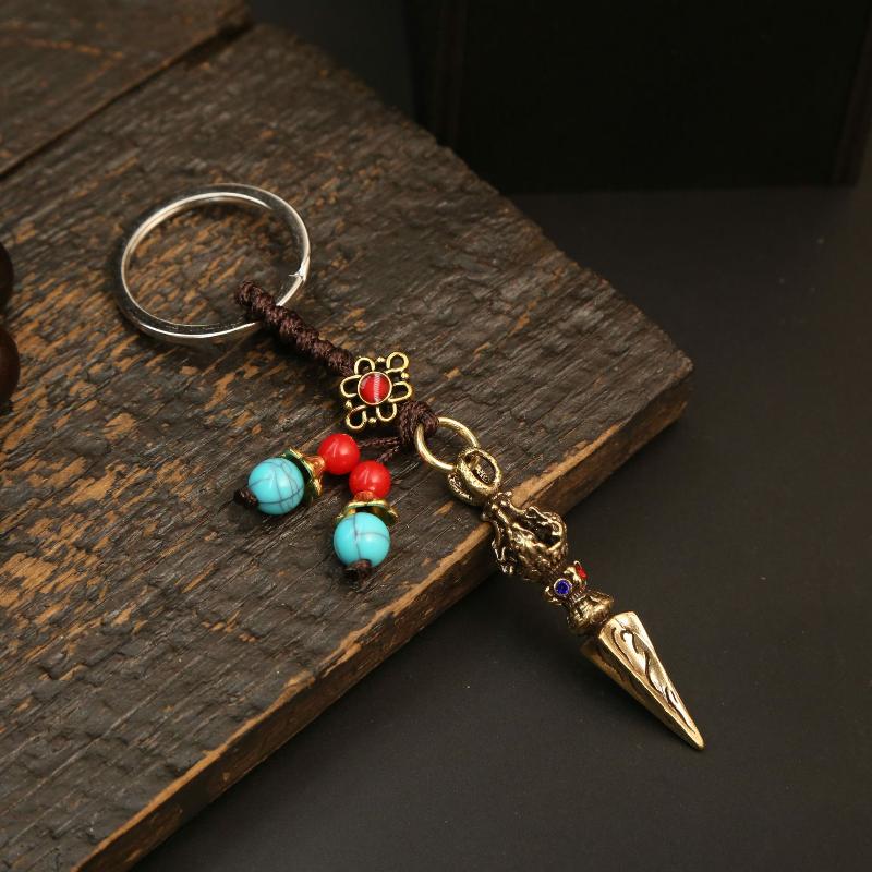 Tibetischer Buddhistischer Vajra Schlüsselanhänger Messing Diamantiert Vintage Amulett Anhänger Für Männer Handgefertigt Auto Schlüsselanhänger Mit Geflochtenem Seil Glücksbringer Geschenk