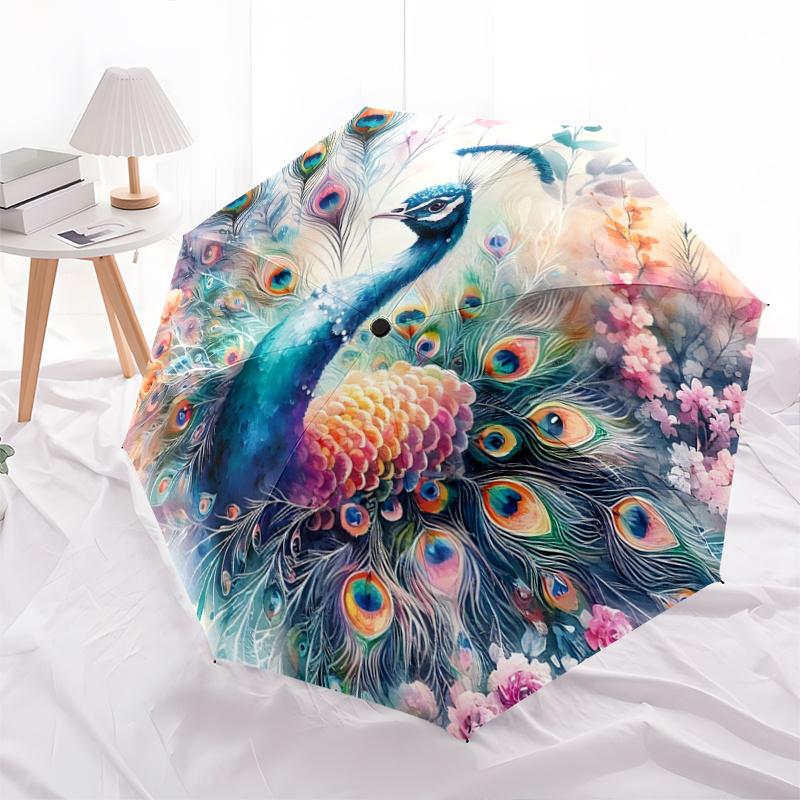 

1pc Colorful Peacock with Feathers Spread Amidst Flowers and Nature s Beauty Cartoon Umbrella, Portable 3-Fold Compact Umbrella, Suitable for Cam