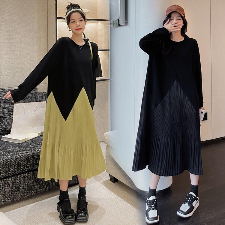 DIMANAF 2023 Winter Plus Size Shirt Dress Women Loose Dress Chiffon Beach Spliced Solid Casual Plaid Vintage Full Length Dresses O-Neck