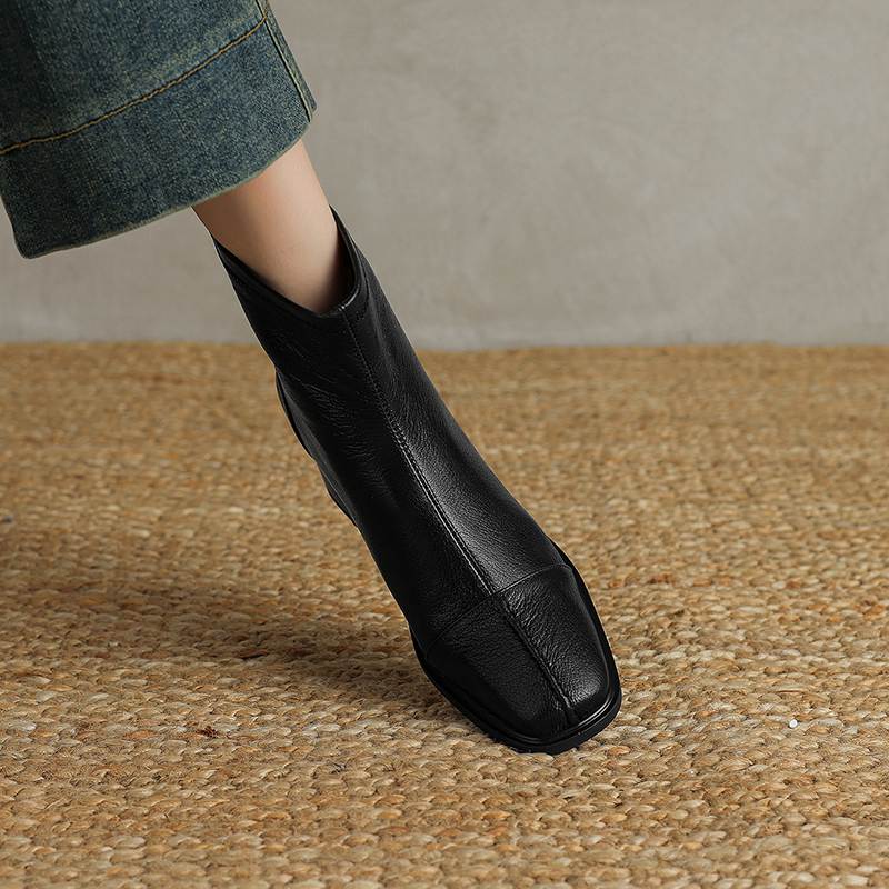 Krazing Pot Sheepskin Autumn Winter Shoes Thick Heels Size 42 Square Toe Zipper Vintage Ankle Boots