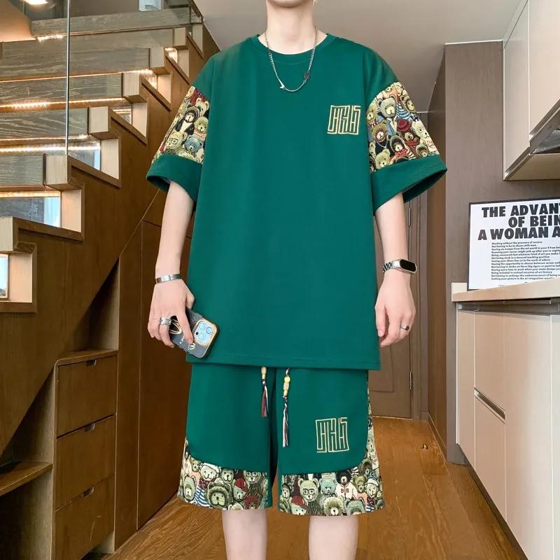 

Мужской летний костюм, повседневный китайский спортивный костюм, свободный большой размер, шорты с короткими рукавами, костюм-двойка в китайском стиле S