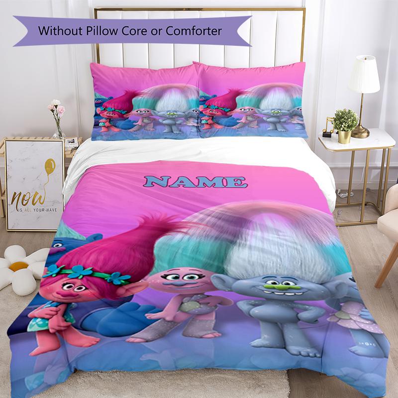3pcs Custom Name Trolls Bedding Set Duvet Cover Closure Includes 1 Duvet Cover & 2 Pillowcases, Soft and Comfortable for All Seasons.