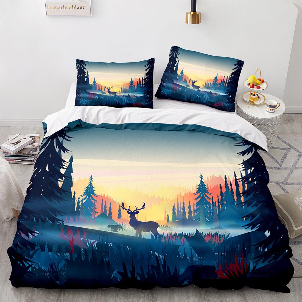 Green Forest King Queen Duvet Cover Fairy Cartoon Trees Elk Bedding Set For Adults Plant Animal 2/3pcs Polyester Comforter Cover