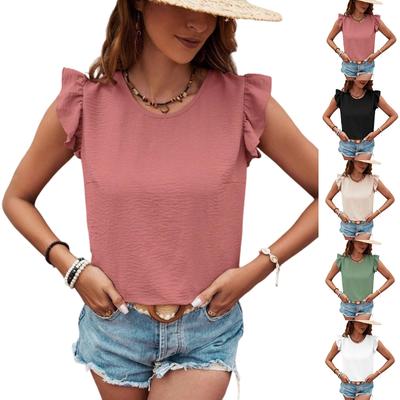 Damen Sommer Einfarbiges Weste Einfarbig Rundhals Pullover Rüschenoberteil