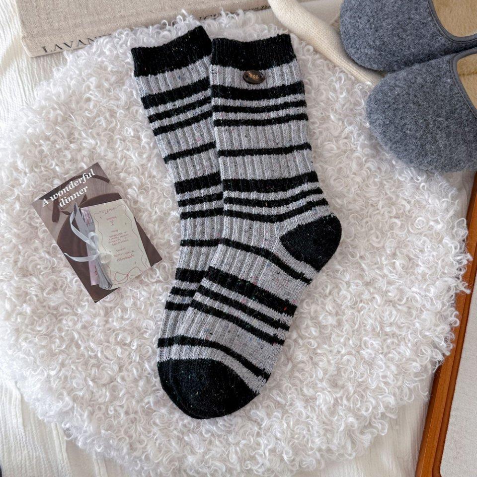 Women's Winter Thickened Trend Button Striped Wool Medium Tube Pile Socks