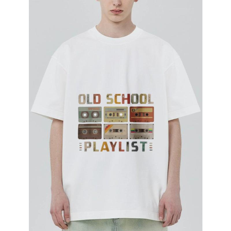 Czarny T-shirt Nadruk Kaseta Magnetofonowa Old Schoolowa Lista Odtwarzania Casualowa Odzież Uliczna dla Mężczyzn i Kobiet