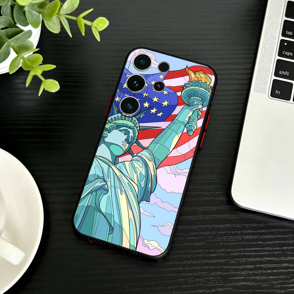 Statue Liberty America USA Flag Phone Case For Samsung S26,S25,S24,S23,S22,S21,S20,Ultra,Plus,FE Black Soft Cover