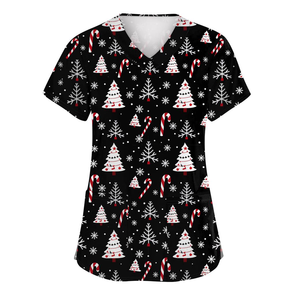 Women's Fashion Short Sleeve Christmas Print V-Neck Pocket Workwear Tops