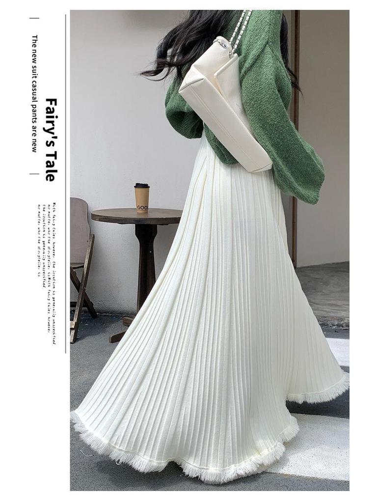 Autumn & Winter Women's Knit Pleated Midi Skirt: Slimming, A-Line, Tassel, Hip-Covering, Big Swing Design