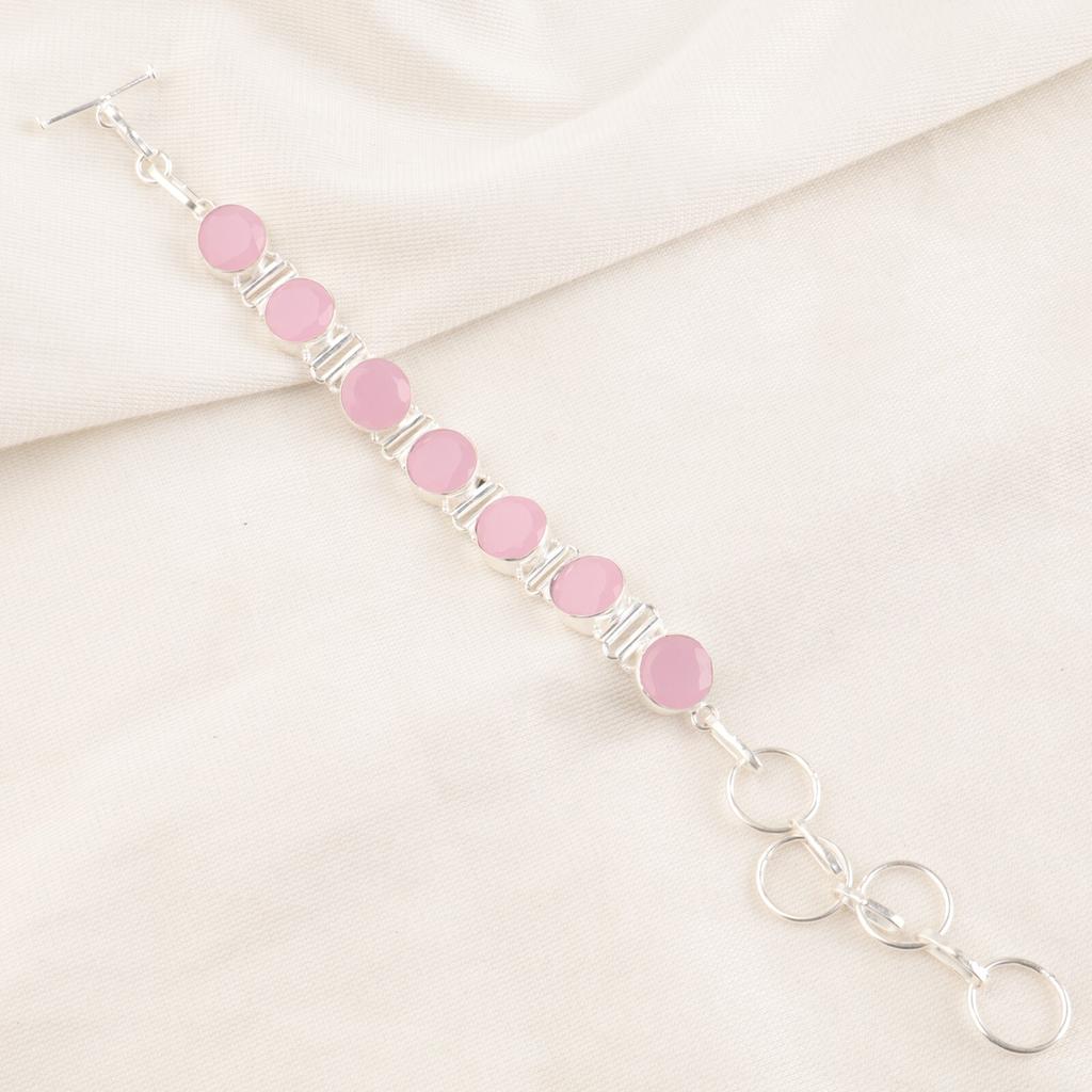 Beautiful Pink Rose Chalcedony Gemstone 925 Sterling Silver Jewelry Bracelet 9" RB-7-16
