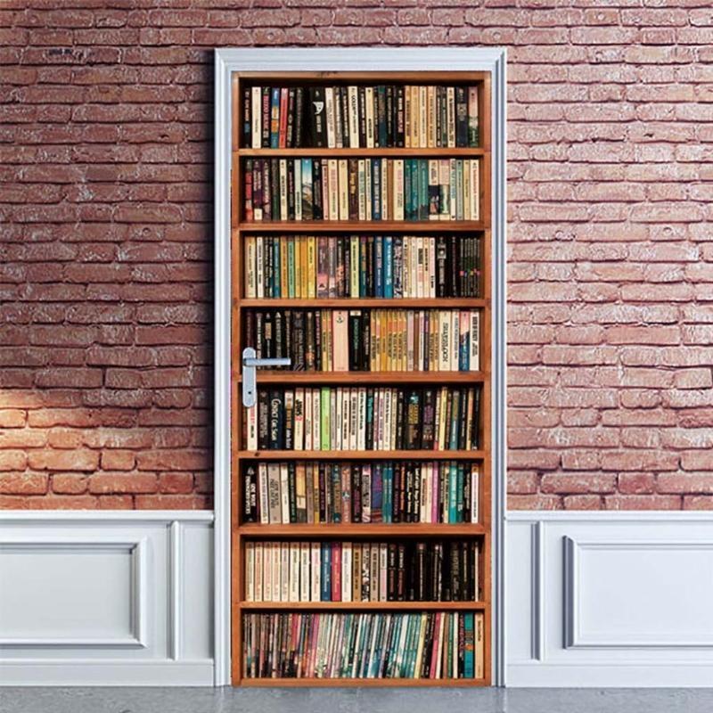 62KD for Creative Door Sticker Bookshelf Bookcase Wallpaper Adhesive Wall Mur