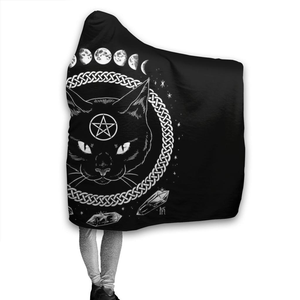 Wearable Cartoon Fur Blanket with Hooded Satanic Cat Cute Bed Blanket Coral Velvet Warm Throw Blanket In Winter for Kids Adults