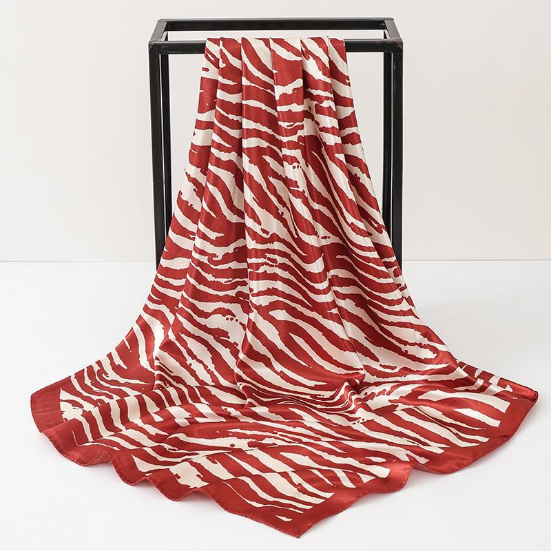 90*90cm Print Satin Big Square Silk Scarves Female Shawls for Women Stripe Print Hijab Headband Handkerchiefs Hair Silk Scarf