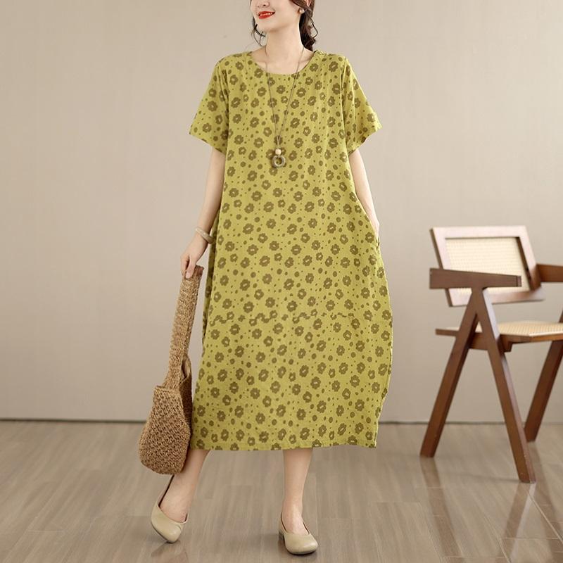 Short Sleeve Plus Size Cotton Vintage Floral New In Dresses for Women Casual Loose Long Summer Dress