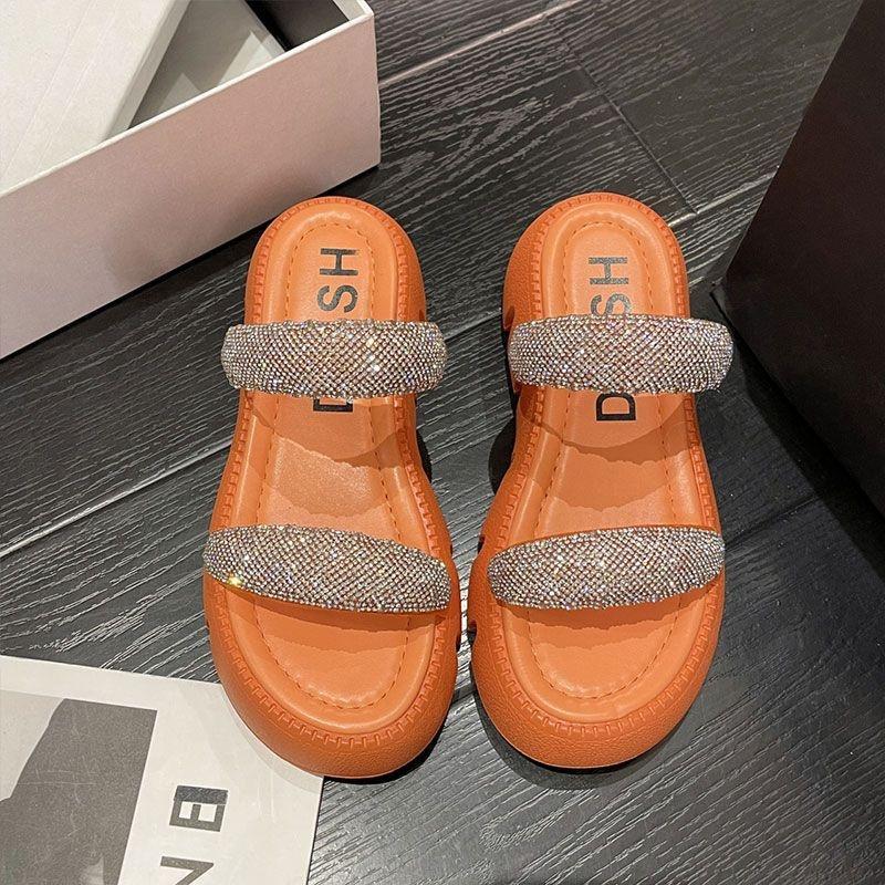Trendy Women's Summer Slide Sandals In Orange White Green And Black With Stylish Rhinestones And Thick Sole Design Perfect For Casual Outings And