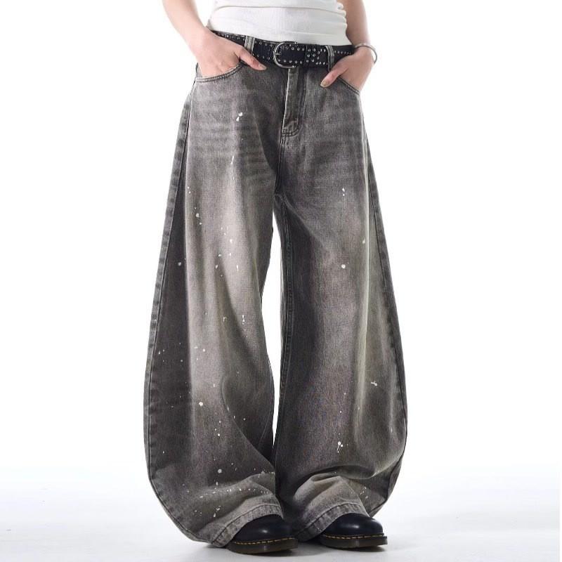 Vintage Washed Denim Wide-Leg Straight Jeans Men Women Gray Loose Fit Streetwear Casual Pants