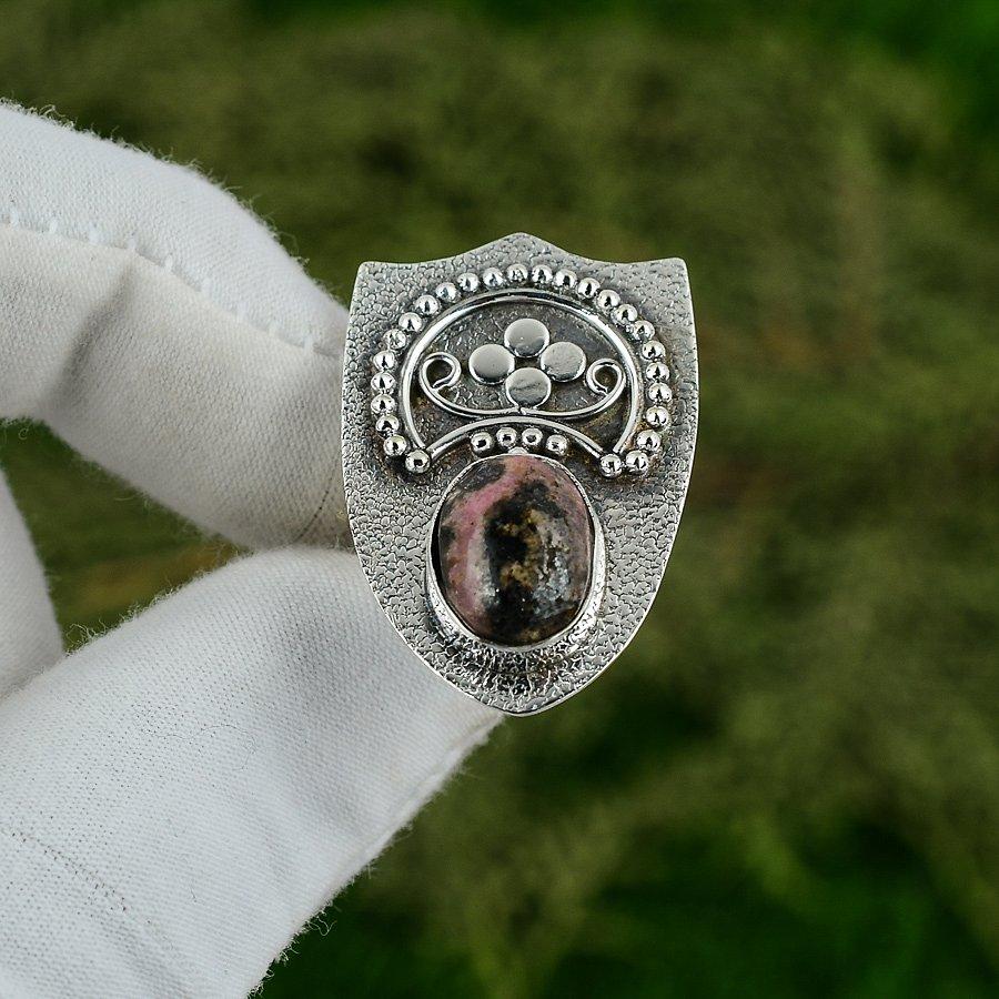 Mothers Day Sale 925 Silver Rhodonite Gemstone Statement Solitaire Birthday Ring