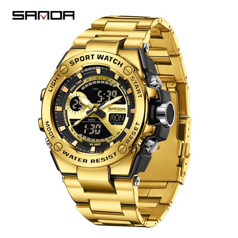 Sanda Dual-Display Leuchtende Wasserdichte Schüleruhr mit 3 Zeitzonen.