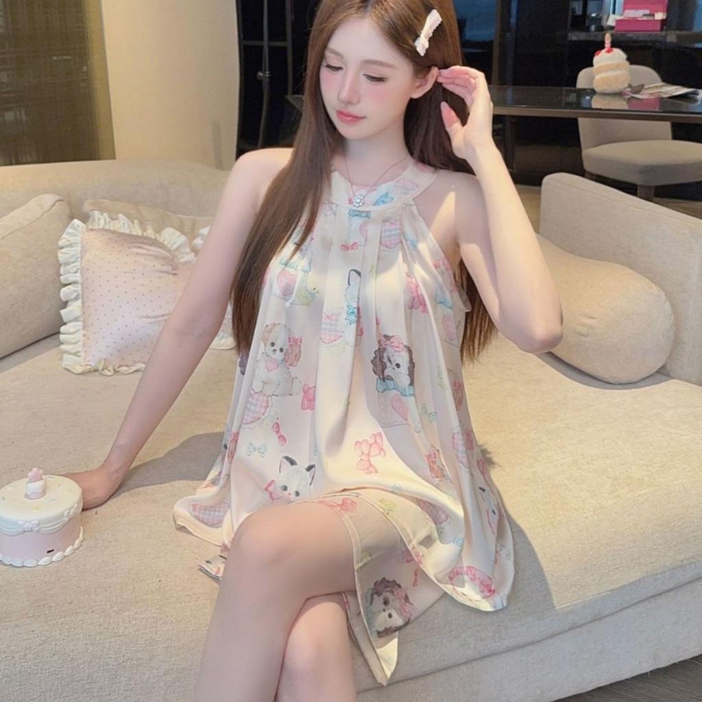 Popular summer new neck sleeveless loungewear cartoon butterfly can wear ice silk pajamas women