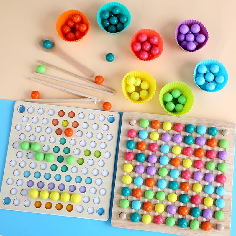 Wooden Children's Bead Puzzle Game Tweezers - Fun Hand-Eye Coordination Toy for Early Education