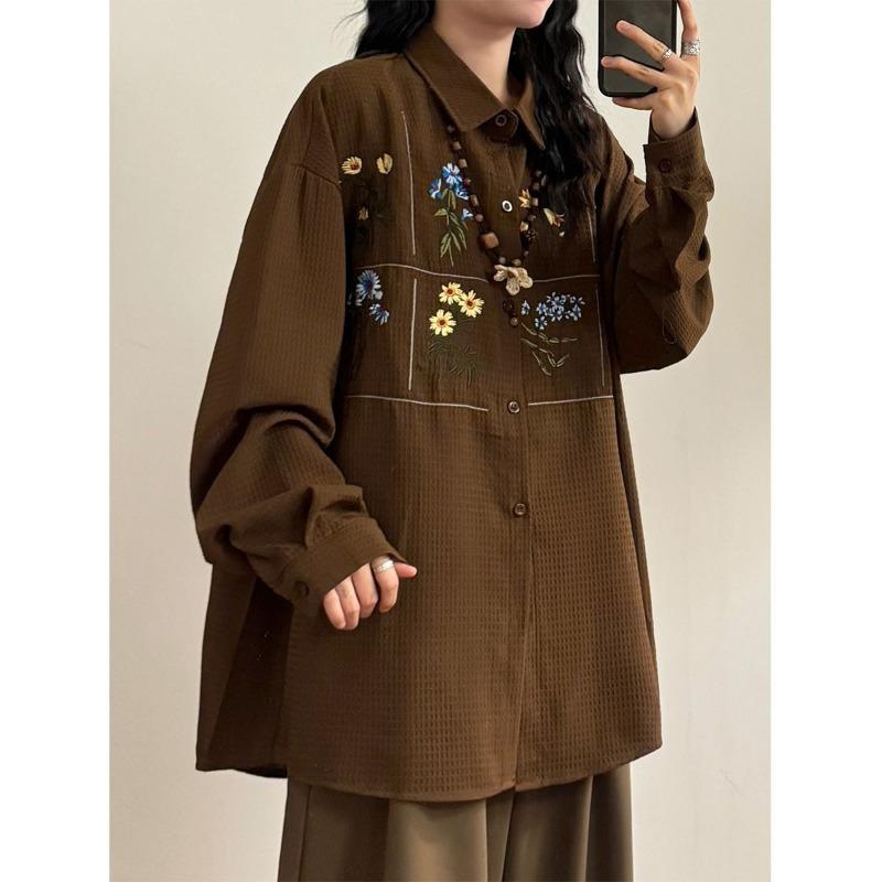 Früher Herbst Japanisch Retro Locker und Vielseitig Floral Bestickt Wfle Lässiges Langarmhemd und Oberteil