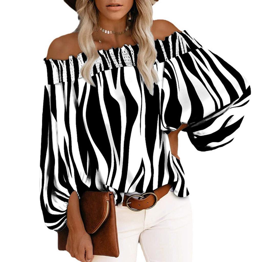 Women's Casual Striped Print Sexy One-Shoulder Long-sleeved Chiffon Shirt
