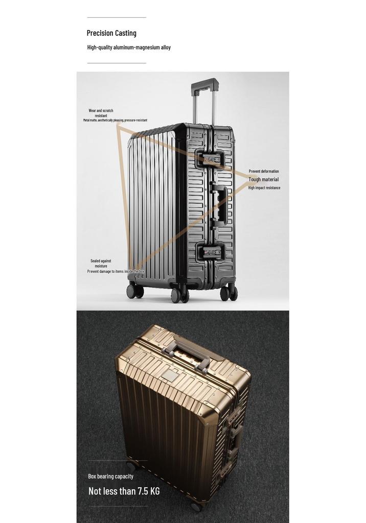 Aluminum Magnesium Alloy Carry-on Suitcase with Universal Wheels and Secure Password Lock for Men and Women