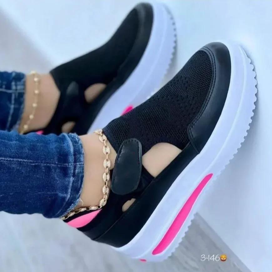 Fashion Large  Summer  Breathable Women's Casual Shoes with Thick Sole  Sloping Heel Hollowed Out Low Cut Women's Shoes  Sneakers