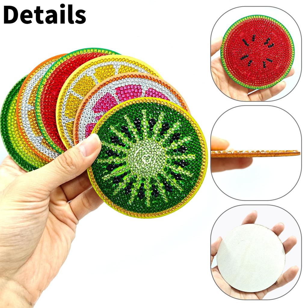 Reofrey Diamond Art Coasters, Round Fruit Shape, 6-Piece Diamond Art Kit with Cork Coasters, DIY Diamond Beads for Beginners and Adults, with Holder,