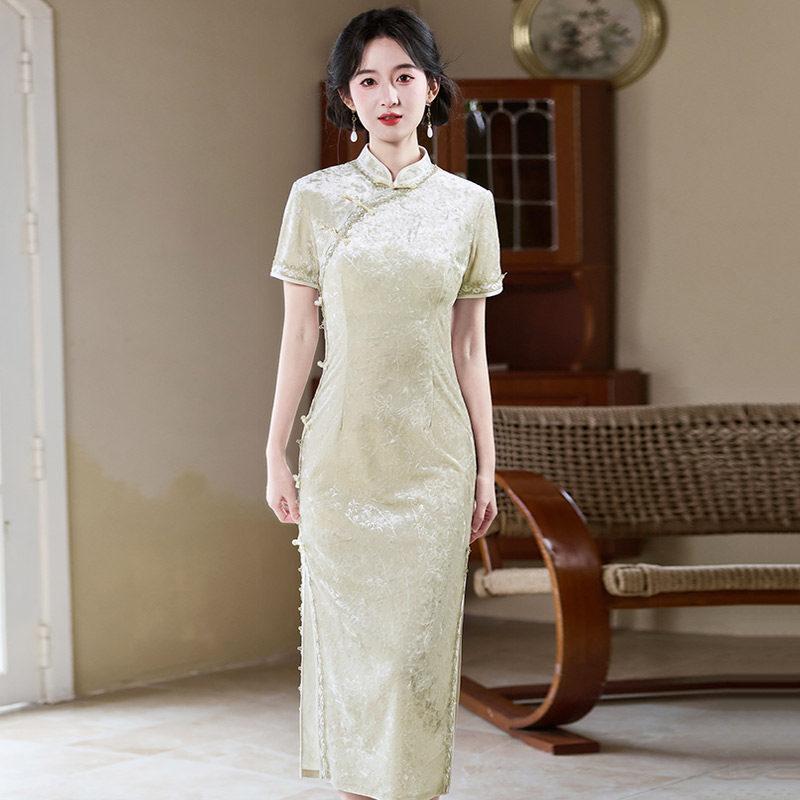 Black velvet national style new Chinese style Suzhou long autumn cheongsam improved young women's high sense daily wear
