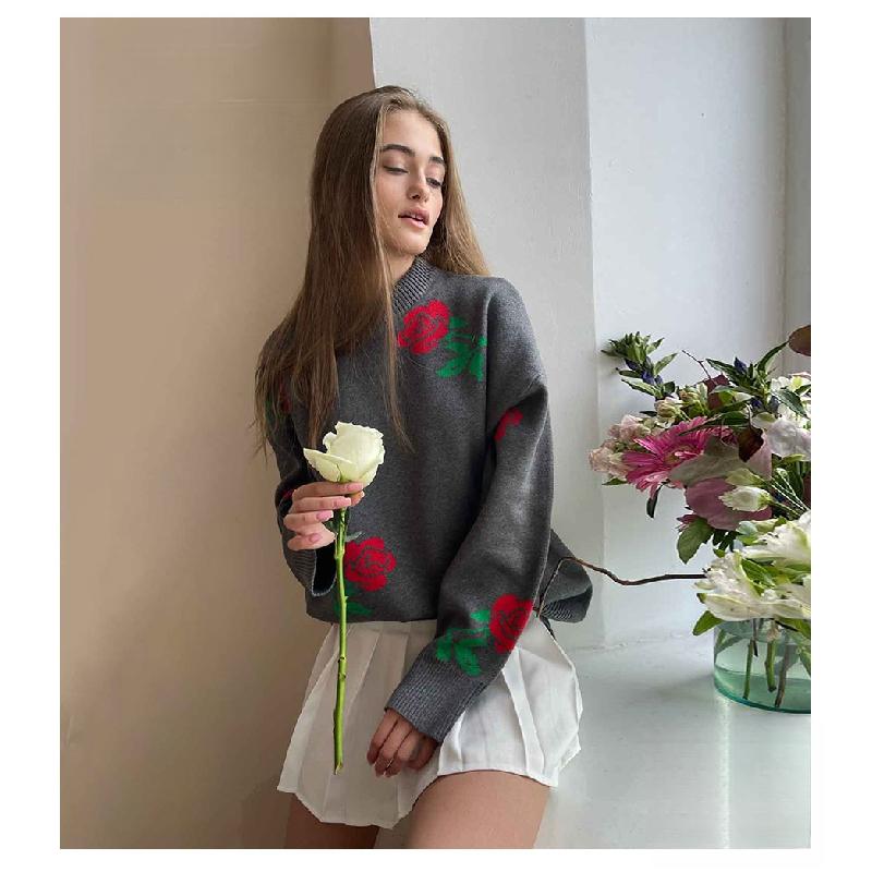 Cross-Border round Neck Rose Printed Sweater Sweater European and American Autumn and Winter New All-Matching Loose Pullover Sweater for Women