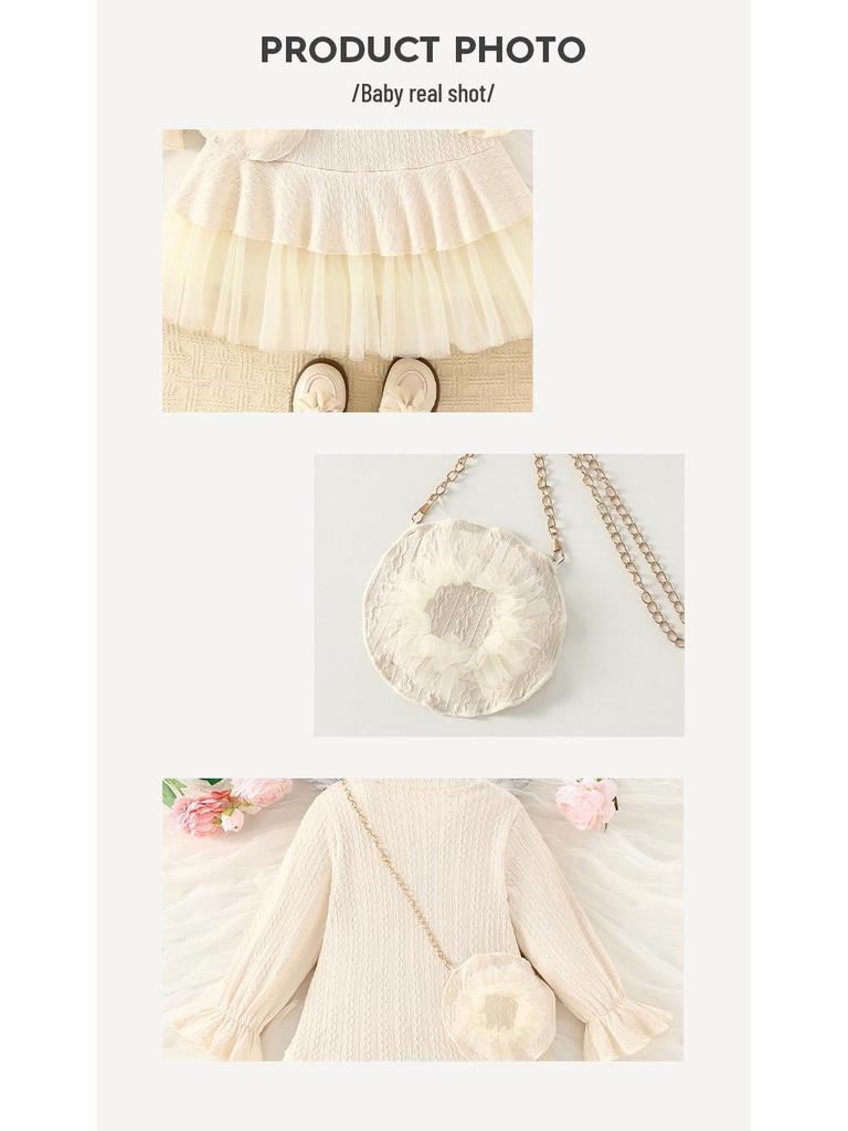Autumn Knitted Lace Patchwork Dress for Baby Girls - Beige, Long Sleeve, Round Neck